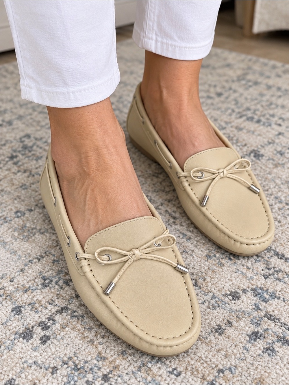 Women's Neutral Bow-Trim Slip-On Moccasins - Cream